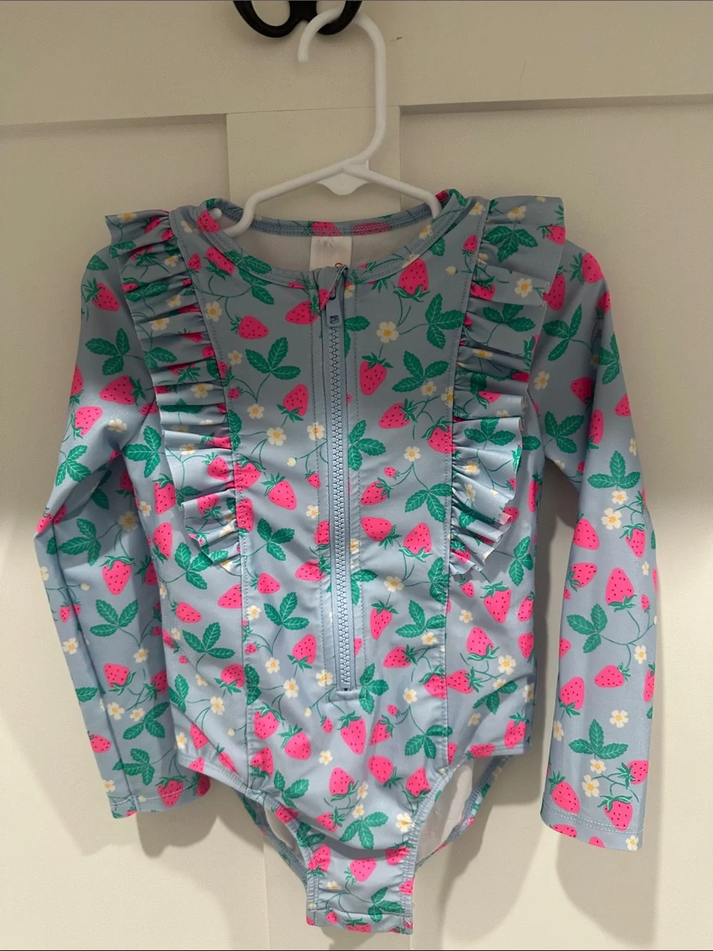 Cat & Jack Girls' Blue One-Piece Rash Guard with Pink Strawberry Print
